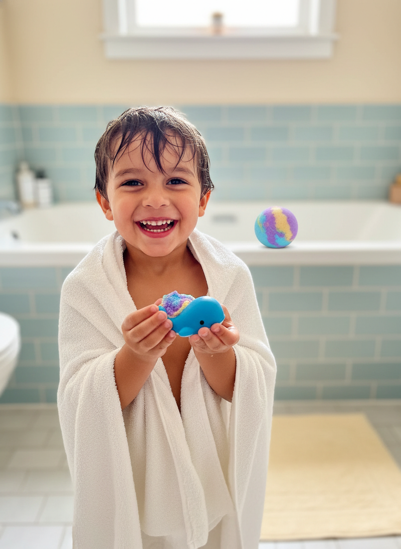 A young boy with wet hair, wrapped in a towel, smiling as he holds up a toy found inside a bath bomb after his bath.