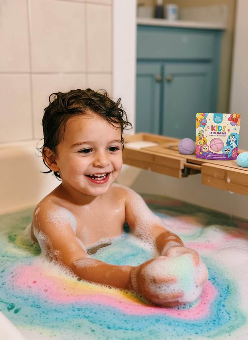 Toddler with eczema happily splashes in a bathtub filled with colorful bubbles, with a kids bath bomb package nearby.