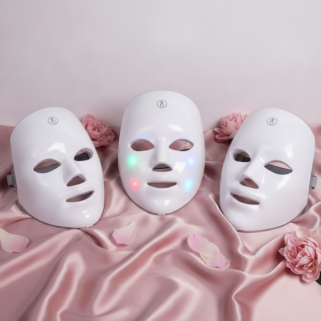Three Rechargeable 7-Color LED Face Masks on blush pink and rose silk, one glowing with LED light, in a clean white studio se