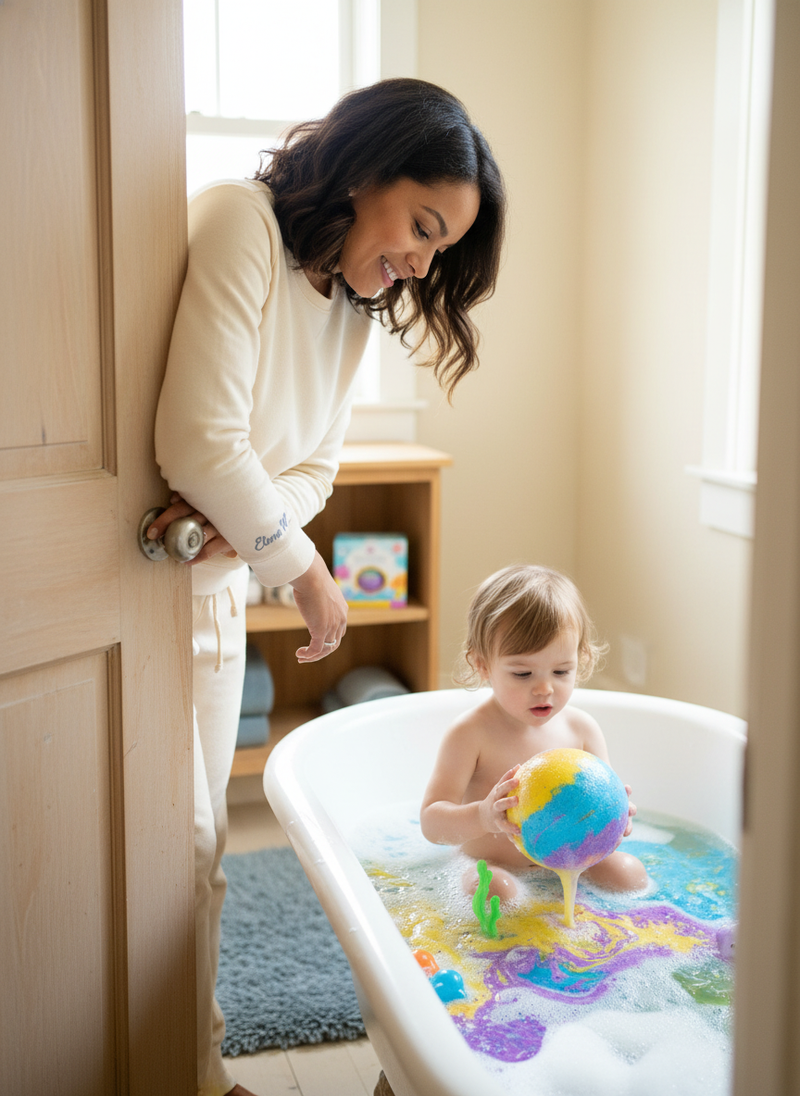A relaxed mother observes her child watching a Kids Bath Bomb fizzing in a warm, inviting bathroom, a moment of peaceful disc