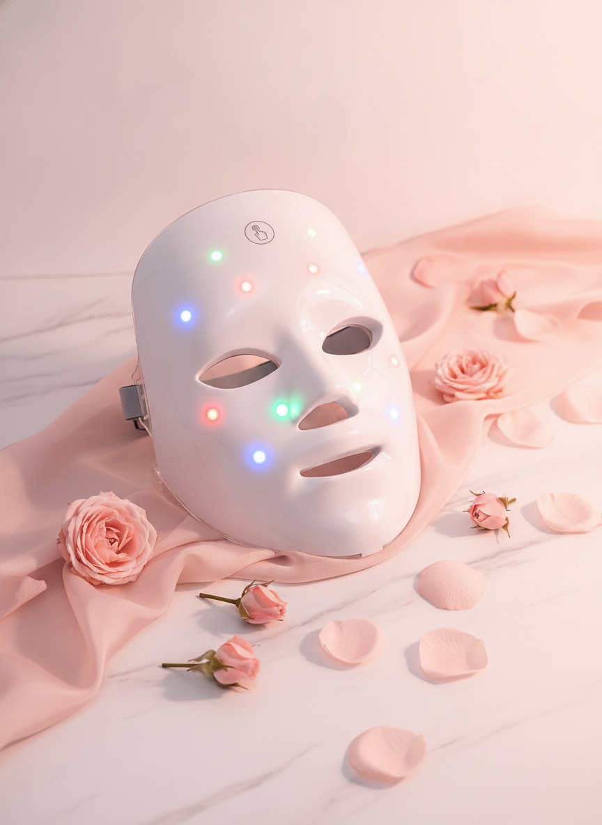 Rechargeable 7-Color LED Face Mask flat-lay on white marble with rose petals and pink silk, soft lighting.
