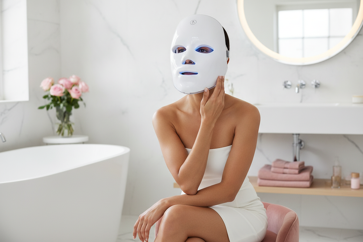 Woman in a modern bathroom wearing a white 7-Color LED Face Mask, touching her face with a soft, radiant expression.